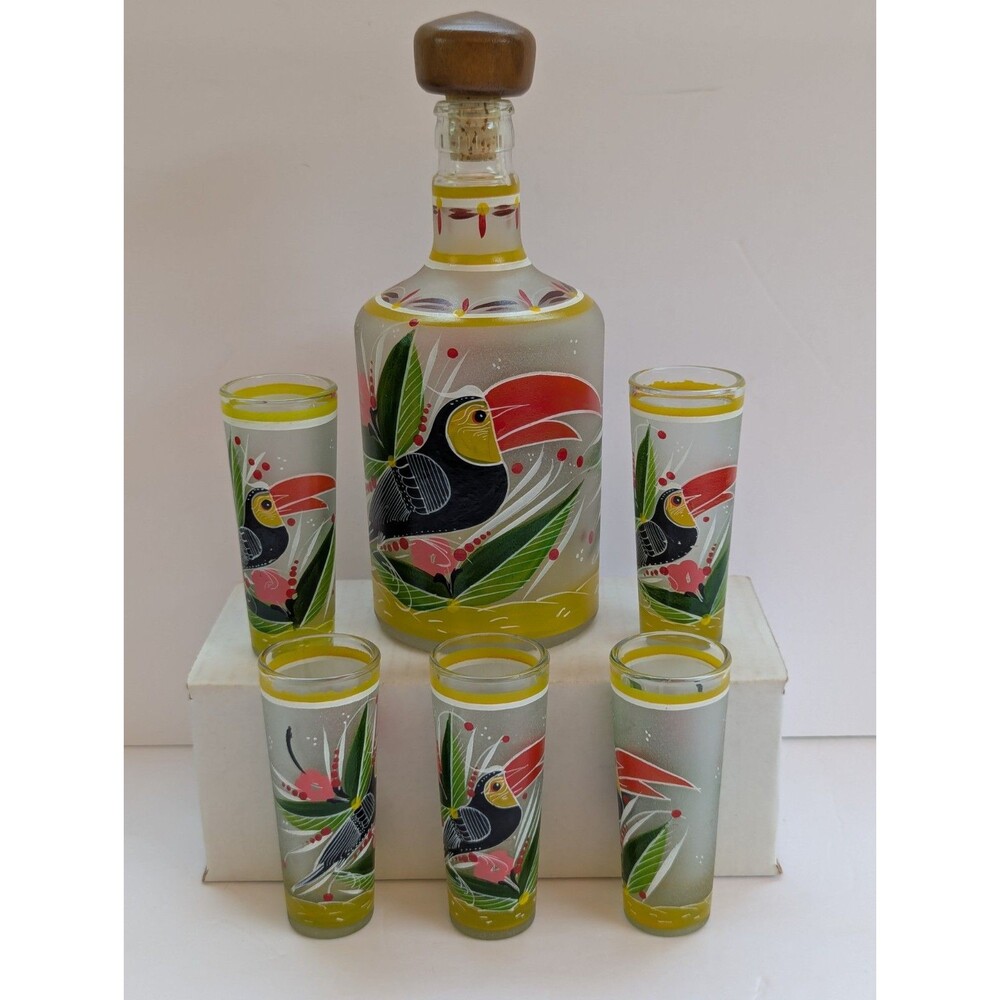 Tropical Toucan Bird Tequila Decanter And Shot Glass Set Hand Painted Frosted 9"